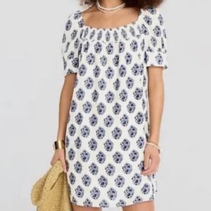 J. Crew White and Blue Sheath Dress with Puff Sleeves